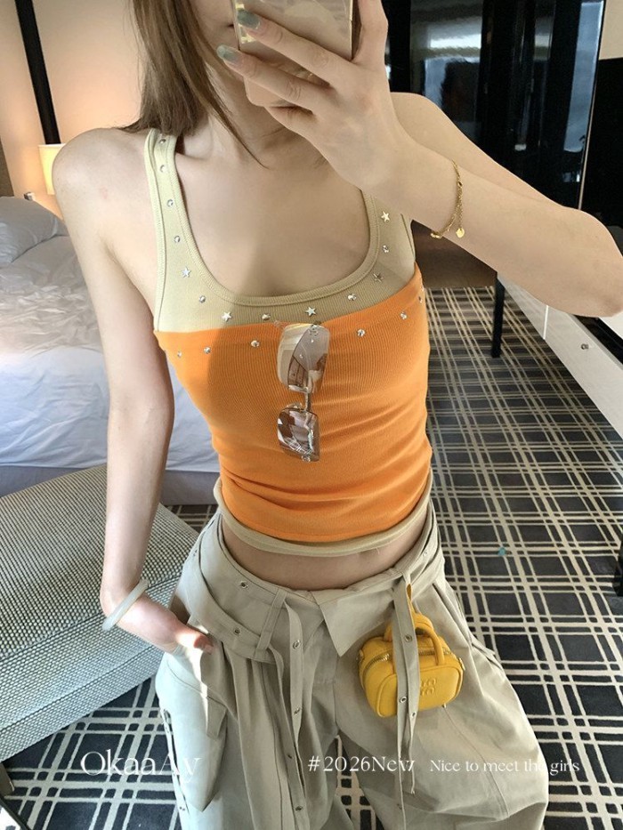 Camisole ย้อนสมัยสีตัดทึบสำหรับผู้หญิง อัปเดตเทรนด์เสื้อสายเดี่ยวสำหรับฤดูร้อนสวมใส่ภายนอก
