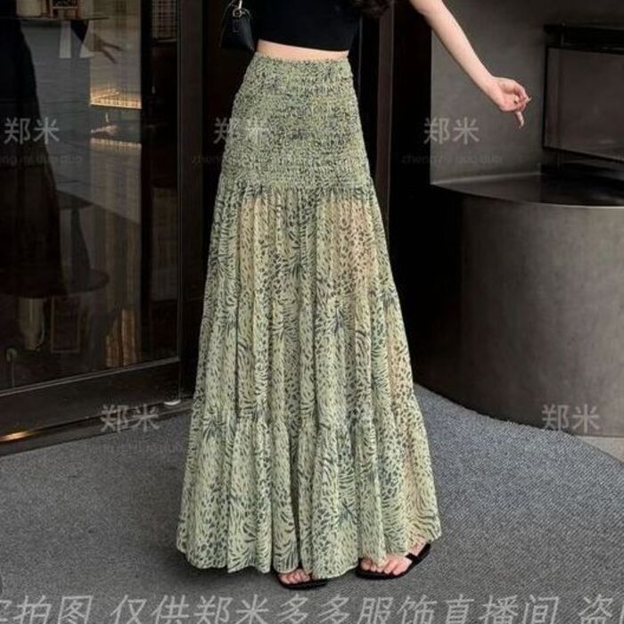 กระโปรงลายเสือดาวสีเขียว พิมพ์เอวสูง ยางยืด สบายๆ เพื่อทุกวัน