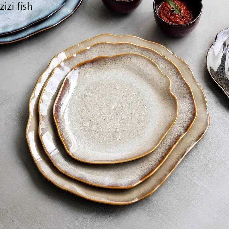 C Flame-Killed Irregular Ceramic Plate Steak Plate Pasta Dish Dessert Sushi Dish Serving Plate Mole