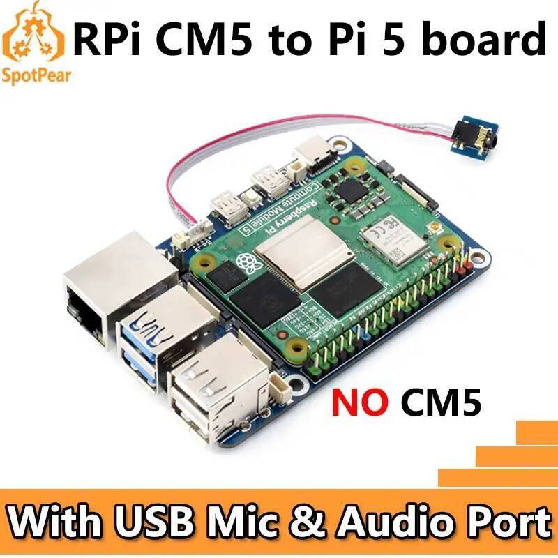Raspberry Pi CM5 to Pi 5 บอร์ดขยายพร้อมไมโครโฟน USB และพอร์ตเสียง Waveshare CM5-to-Pi5-Adapter