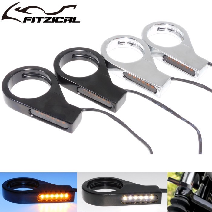 2xMotorcycle Front 6 LED Flowing Amber White Turn Signal light 41mm Fork Tubes Flasher Indicators L