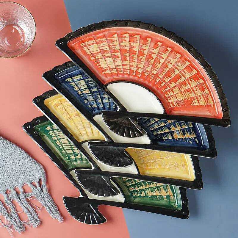 C Dumpg Plate With Vinegar Dish Creative Ceramic Partition Plate Japanese Hand-Ed Sushi Plate Fan-D