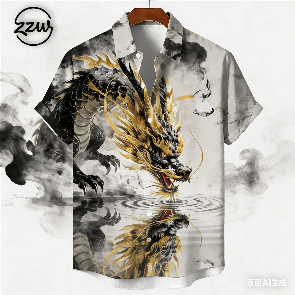 เสื้อเชิ้ตแขนสั้นแบบจีนสีดำ-ทอง พิมพ์ลายศิลปะมังกร สบายและหลวม สำหรับฤดูร้อน