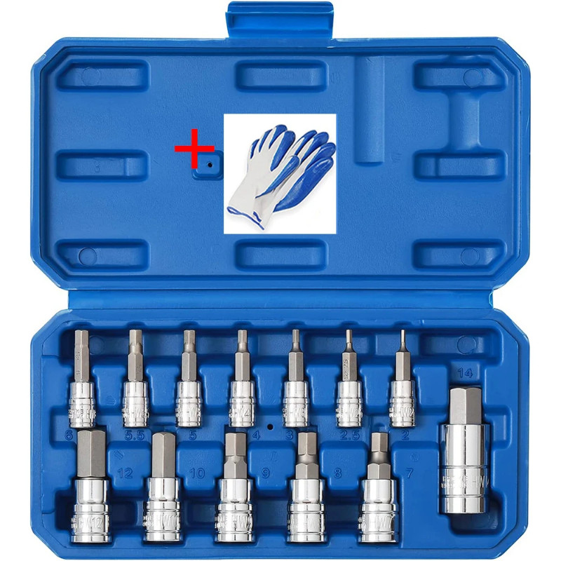13PCS Metric Hex Bit Socket Set CR-V Allen Bit Socket Kit, S2 Steel 2mm - 14mm 1/4" 3/8"  1/2" Driv
