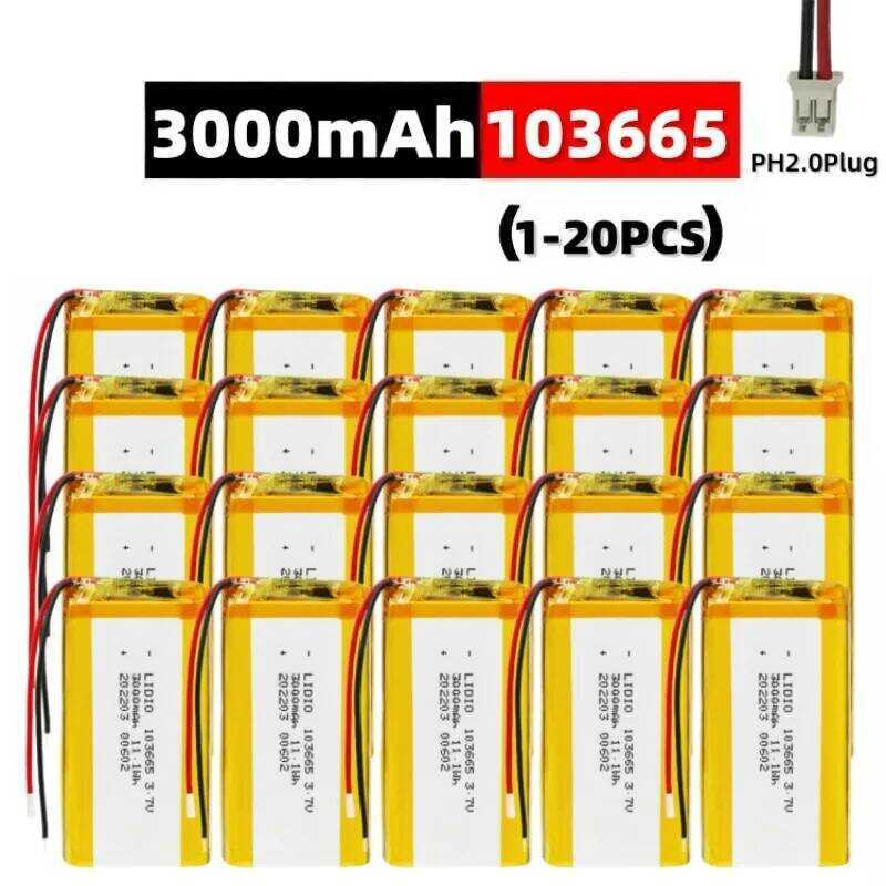 C 103665 3.7V 3000Mah Polymer Lithium Rechargeable Battery, With 2.0 Plug For Driving Recorder, Blu