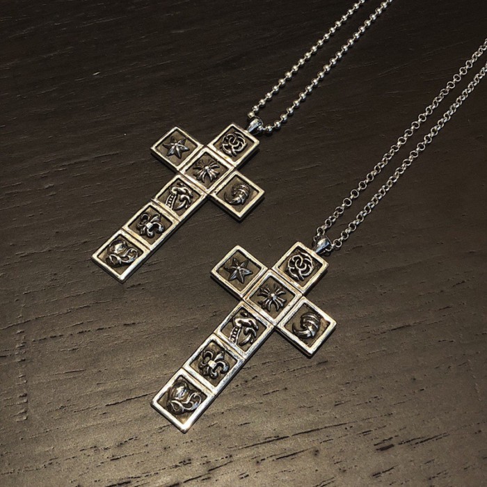 L9O6 Chr***rts Pure Silver Seven Elements Cross Pendant Necklace Vintage Hip Hop Unisex Couple Swea