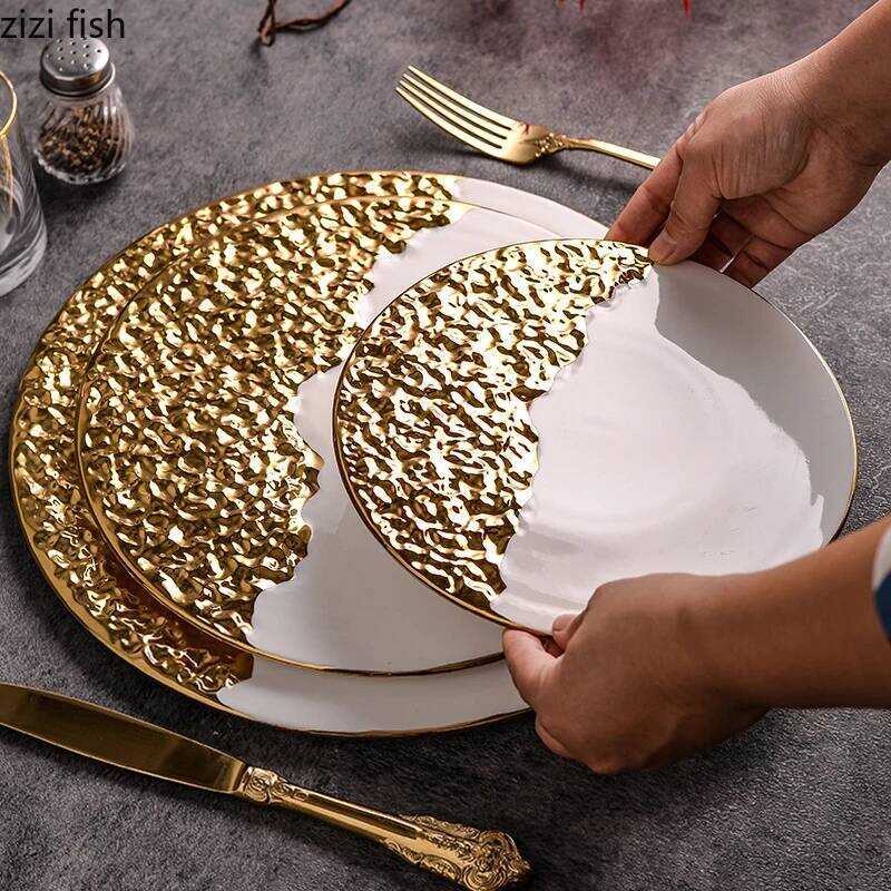 C Half Stone Patterned Flat Plate Electroplated Ceramic Tableware Steak Plate Breakfast Plate Sushi