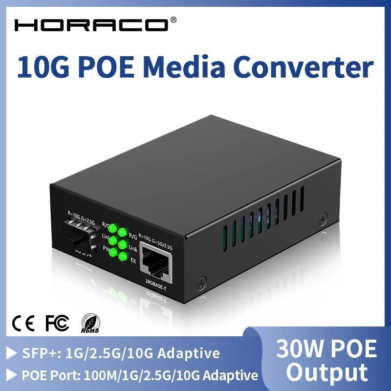 HORACO 10G SFP + เส้นใย RJ45 POE Media Converter RJ45 ถึง SFP + 10/100/1000 M/2.5G/10G Ethernet Conv
