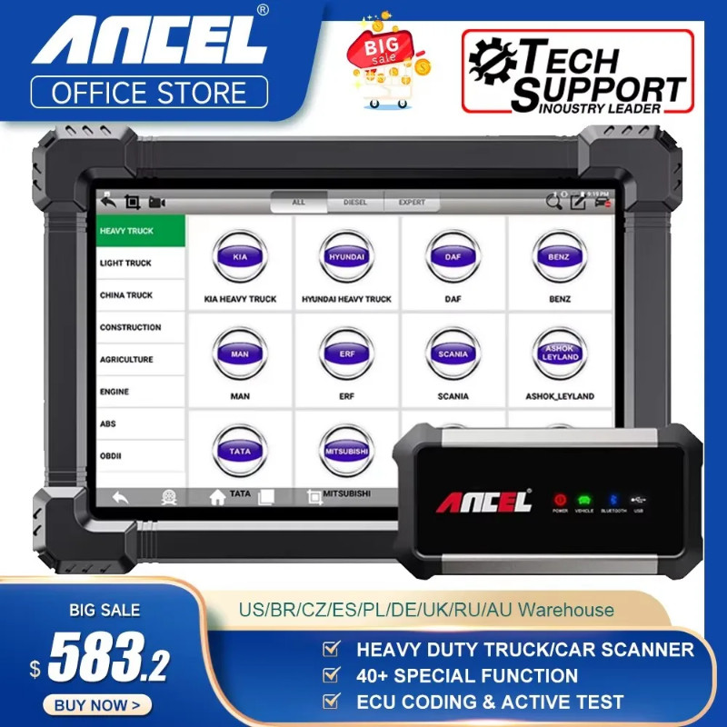 ANCEL X7 HD Heavy Duty Truck Diagnostic Tool Bluetooth OBD2 All System Oil D-P-F Regen ECU Reset 12