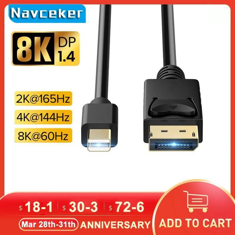 Navceker 4K@144Hz Thunderbolt Mini Displayport to Displayport 1.4 Cable Adapter Mini DP to DP Conver