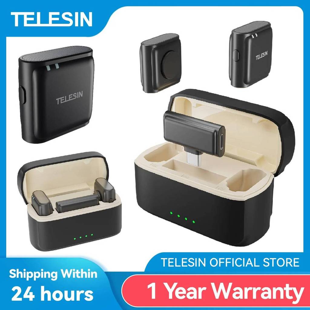 TELESIN ไมโครโฟนไร้สายแบบหนีบเสื้อ 200M Audio Video Live Voice Record Universal ลดเสียงรบกวนไมโครโฟน