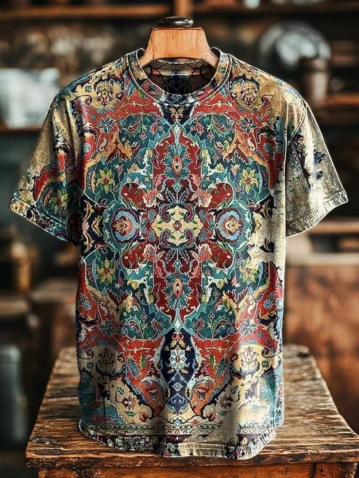 เสื้อยืดผู้ชาย อกทรงO แขนสั้น ลายสนิมดอกไม้ 3D ไซส์XL สบาย ๆ
