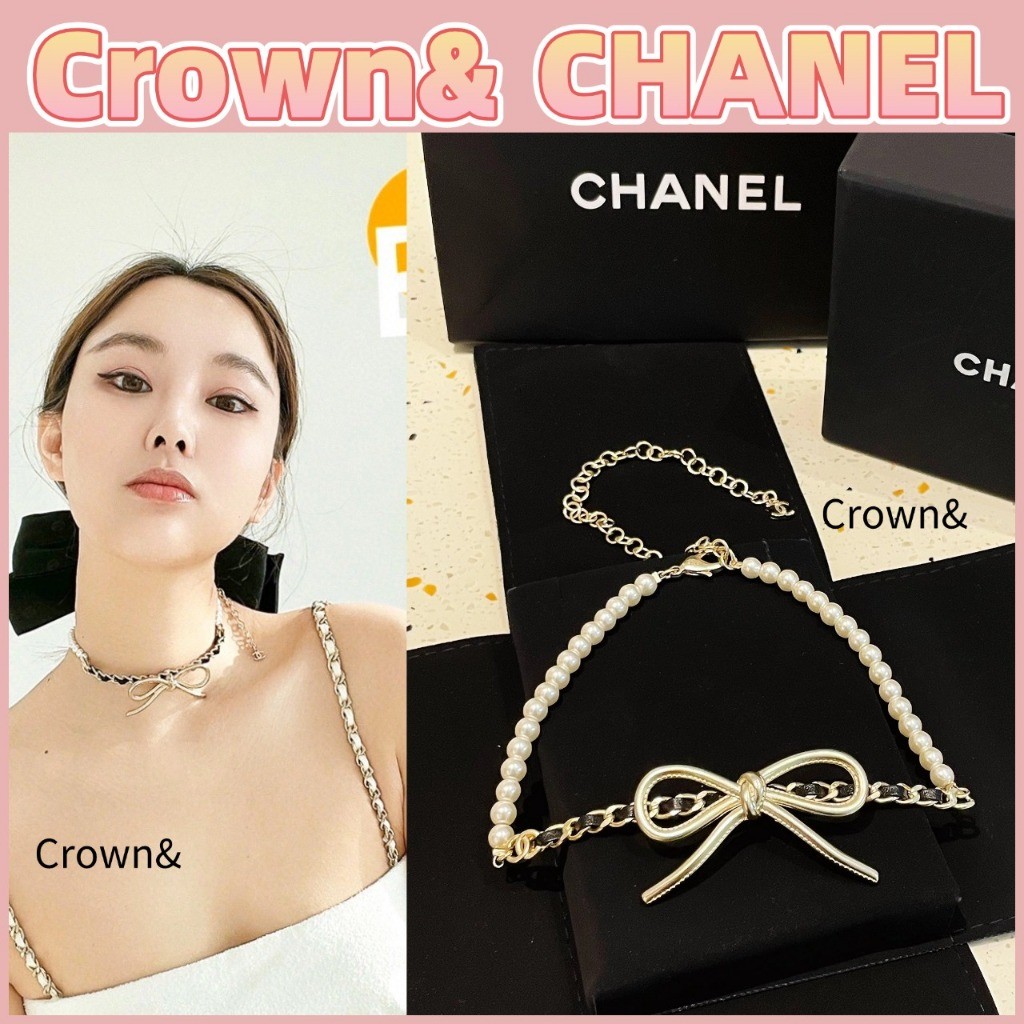 สินค้าใหม่แท้ 100%/CHANEL Chocker CC Pearl Leather Chain Bow Design Necklace Women's