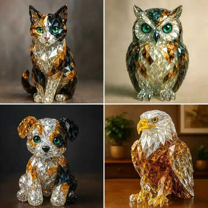 C Cod Fake Crystal Animal Clear Glass Dog Cat Owl Eagle Leopard Fig Statue Home Office Desop Decora