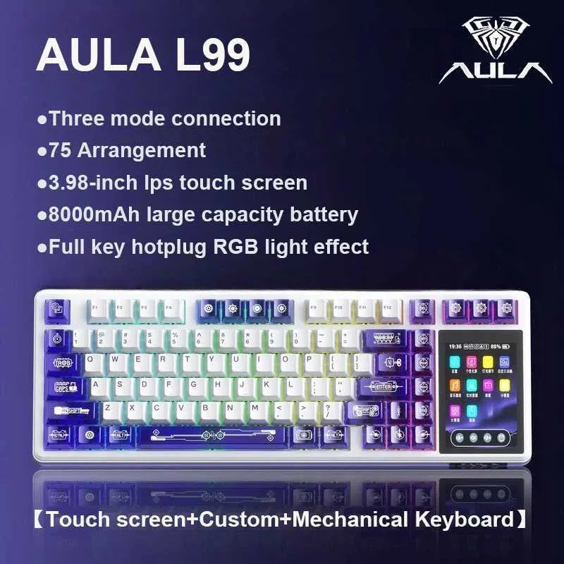 AULA L99 หน้าจออัจฉริยะคีย์บอร์ดแบบกลไกไร้สาย Tri-mode Night Gaming แป้นพิมพ์แล็ปท็อป 8000mAh Raindr