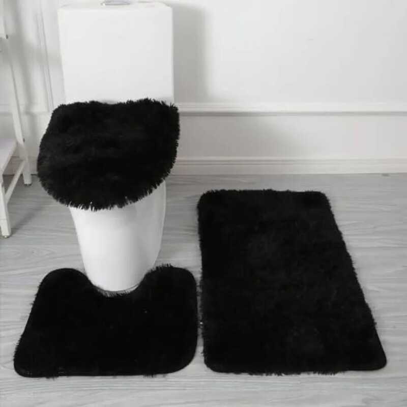 C Black Bathroom Rugs Sets 3Piece Bath Mat Solid Bath Rug Or Mats Washable Shower Rug With U-Shaped