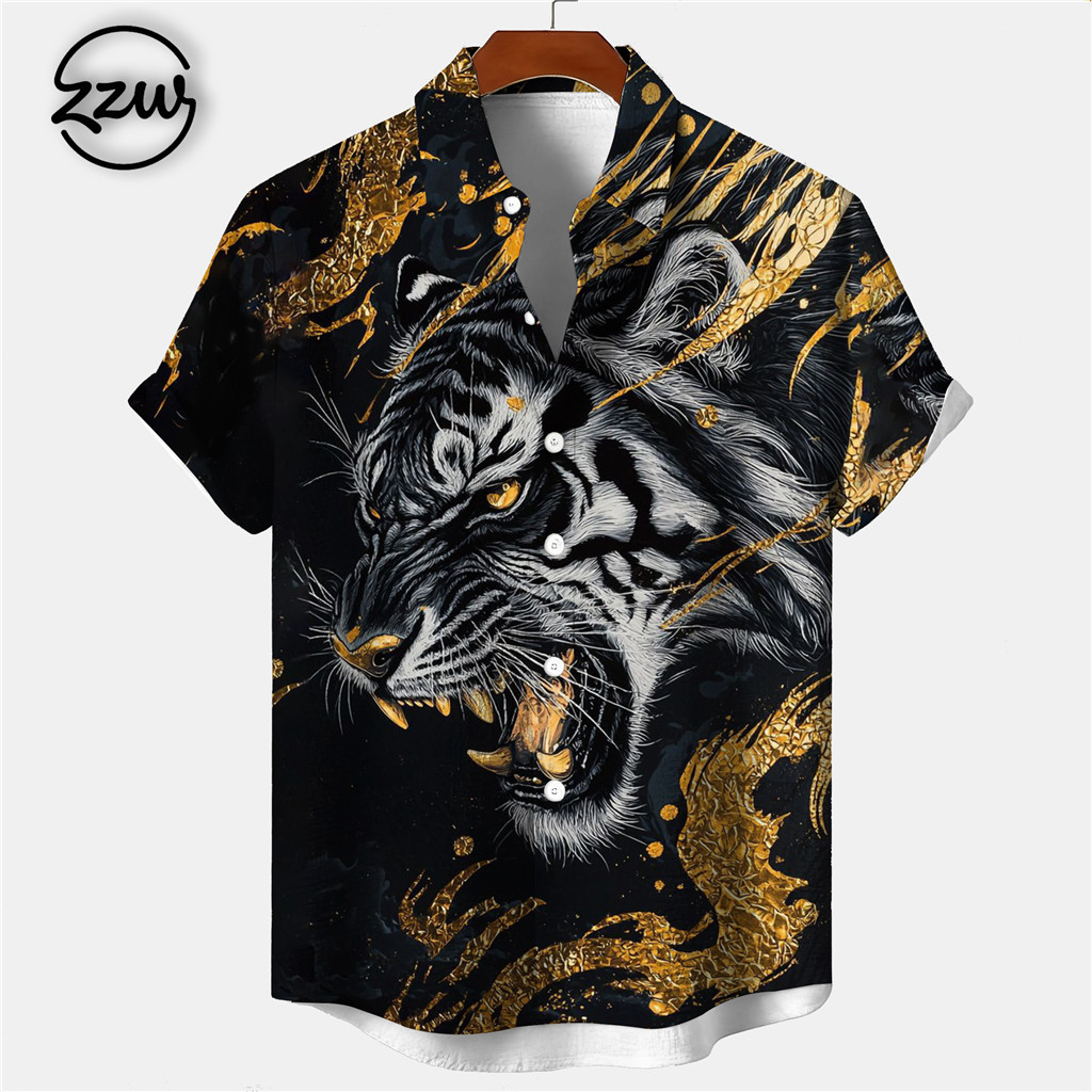 เสื้อเชิ้ตแขนสั้นผู้ชาย พิมพ์ลายเสือขาวและมังกร ดีไซน์แฟชันหน้าร้อน - รูปที่ 4