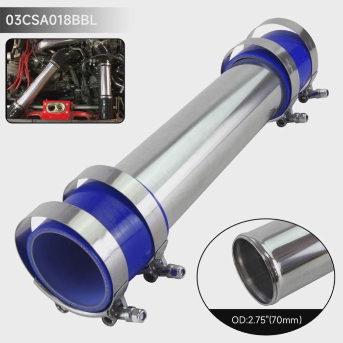 Universal Straight Aluminum Intercooler Turbo Piping pipe 70mm 2.75" + Silicone hose w/ T-clamps Bl