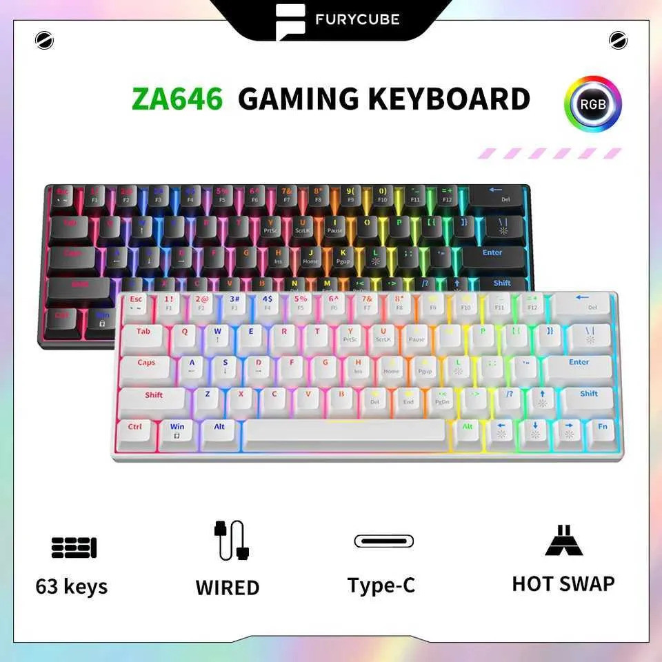 FURYCUBE 63 คีย์คีย์บอร์ดแบบกลไก 60% ZA646 แบบมีสาย Type-C Hot Swap RGB ILLUSION Backlit Gamer สีขาว