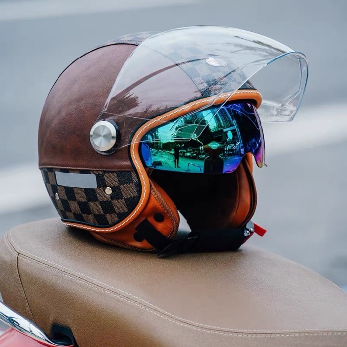 Double Lens Motorcycle Helmets Leather Retro 3/4 Jet Helmet Daul Visor DOT Capacete De Moto Lightwe