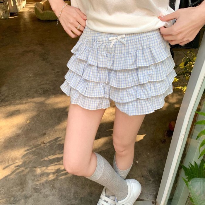 กระโปรงลายสก๊อตผู้หญิง สไตล์ย้อนยุค กระโปรงครึ่งหน้ายาวสำหรับฤดูร้อน