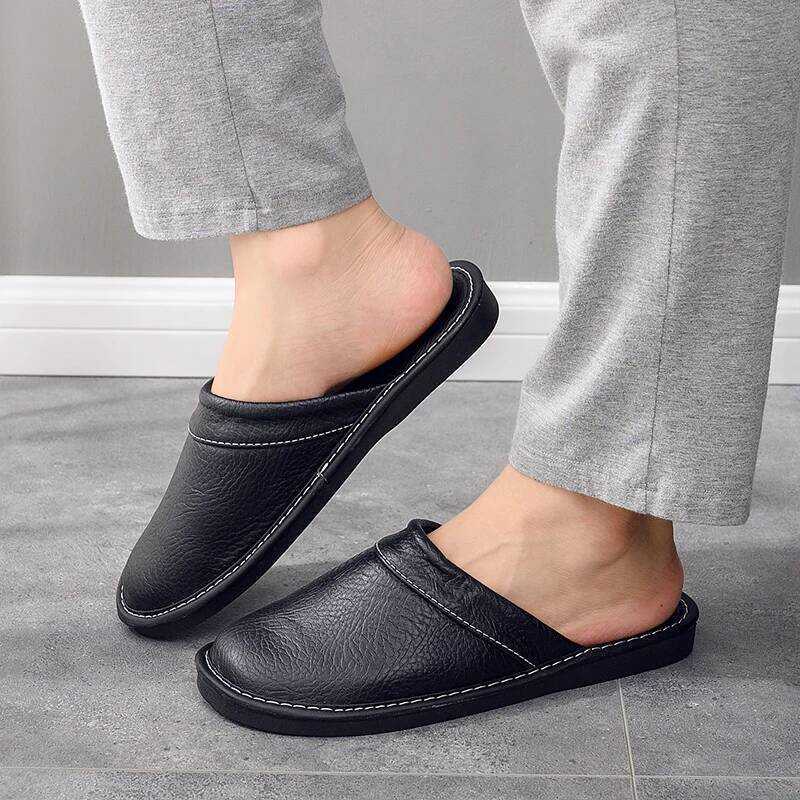 C Fashion Black Male's Slippers Men Leather Home Shoes Mans Autumn Winter Bedroom Slippers Couple I