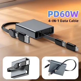 Fonken PD60W 4-in-1 สายชาร์จแบบพับเก็บได้ USB/Type C ถึง Type-C/iOS สายเคเบิลข้อมูลสําหรับโทรศัพท์