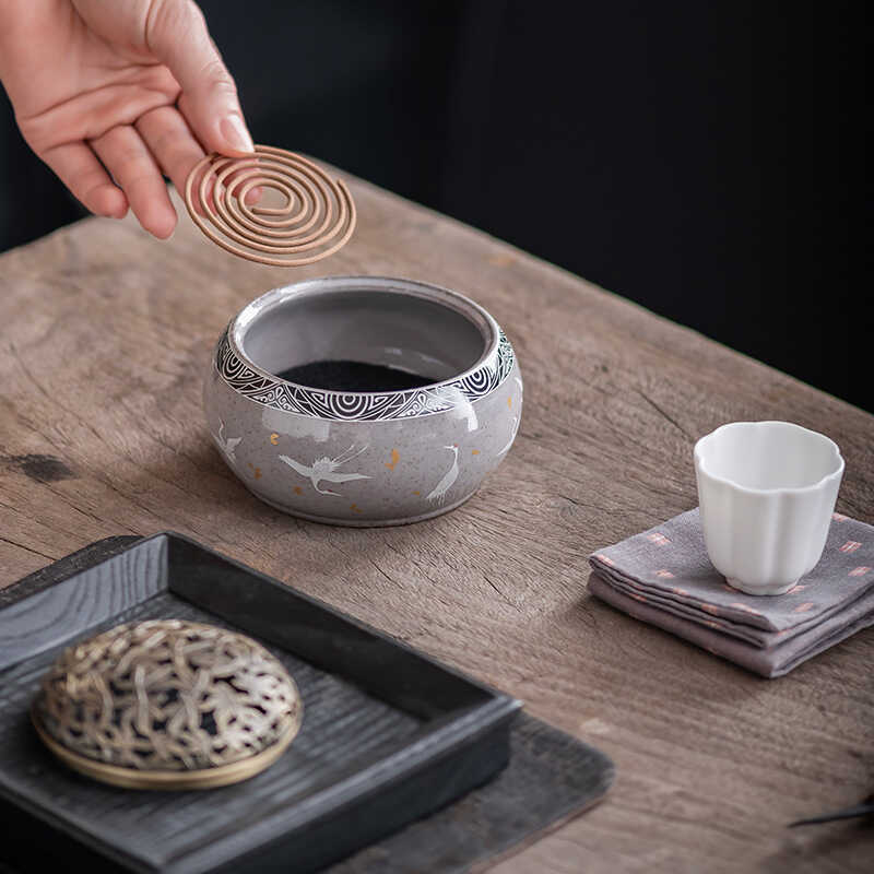 แผ่นเซรามิกธูปมงคล Yunlin Langcai กระถางธูปเครนตุนหวงรูปแบบธูปโฮมออฟฟิศทองแดงฝาครอบแผ่นโลหะผสมกระถาง