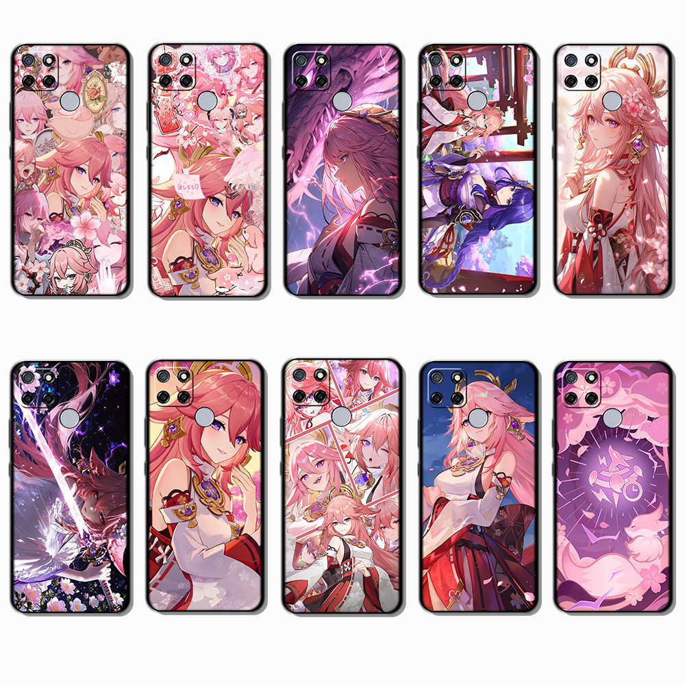 Realme C1 C2 C3 C11 C12 C15 C17 C20C 21 Yae Miko ขอบสีดํา TPU ถุงลมนิรภัยกันกระแทก | เลนส์ยกสําหรับก