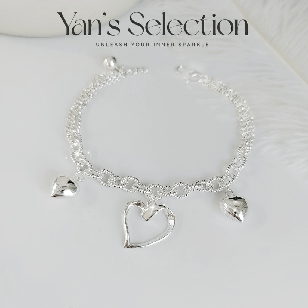 YANS 925 Pure Silver Sparkling Heart Charm Bracelet** Gelang Tangan Perak** เงิน 925 สร้อยข้อมือ