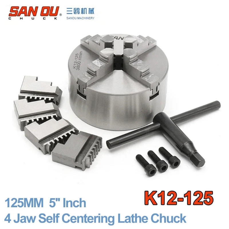4 Jaw 125MM 5'' Self Centering Lathe Chuck SANOU K12-125 Hardened Reversible Mounting Tool for Dril