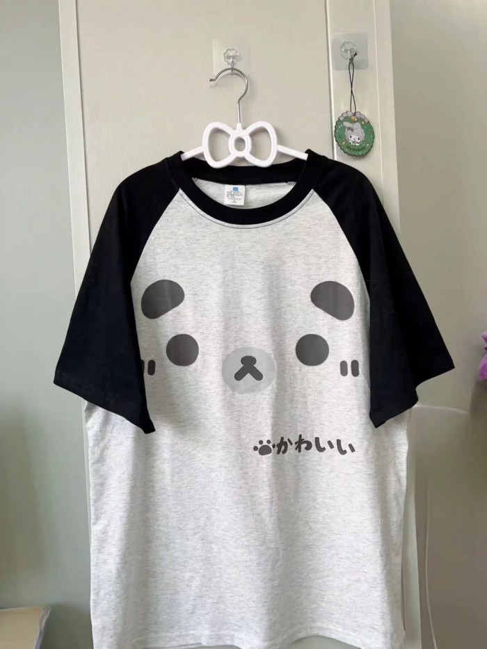 เสื้อยืดแขนสั้นผ้าฝ้ายแท้สำหรับผู้หญิง ลาย Kaomoji ทรง Oversize น่ารัก เหมาะสำหรับฤดูร้อนและสไตล์วิท