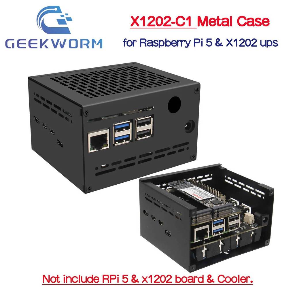Geekworm X1202-C1 เคสโลหะสําหรับ Raspberry Pi 5 & X1202 บอร์ด UPS