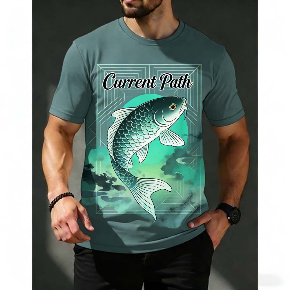 Stylish Current Path 3D Wireframe & Teal Koi Print Mens T-Shirt - Sage Green