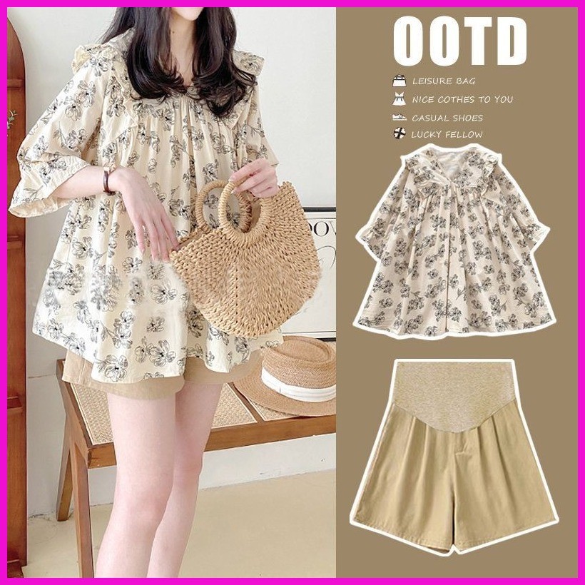 แฟชั่นคนท้อง ชุด 2 ชิ้น เสื้อเชิ้ตดอกไม้ + กางเกงคนท้องขาสั้น แฟชั่นเกาหลี ใหม่ ชุดคลุมท้องแฟชั่น