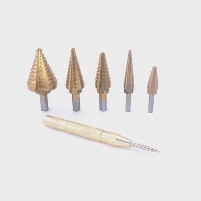 Step Drill Bit Set HSS Titanium Coated Spiral Grooved Triangle Shank Hex Bits 6pcs High Speed Steel