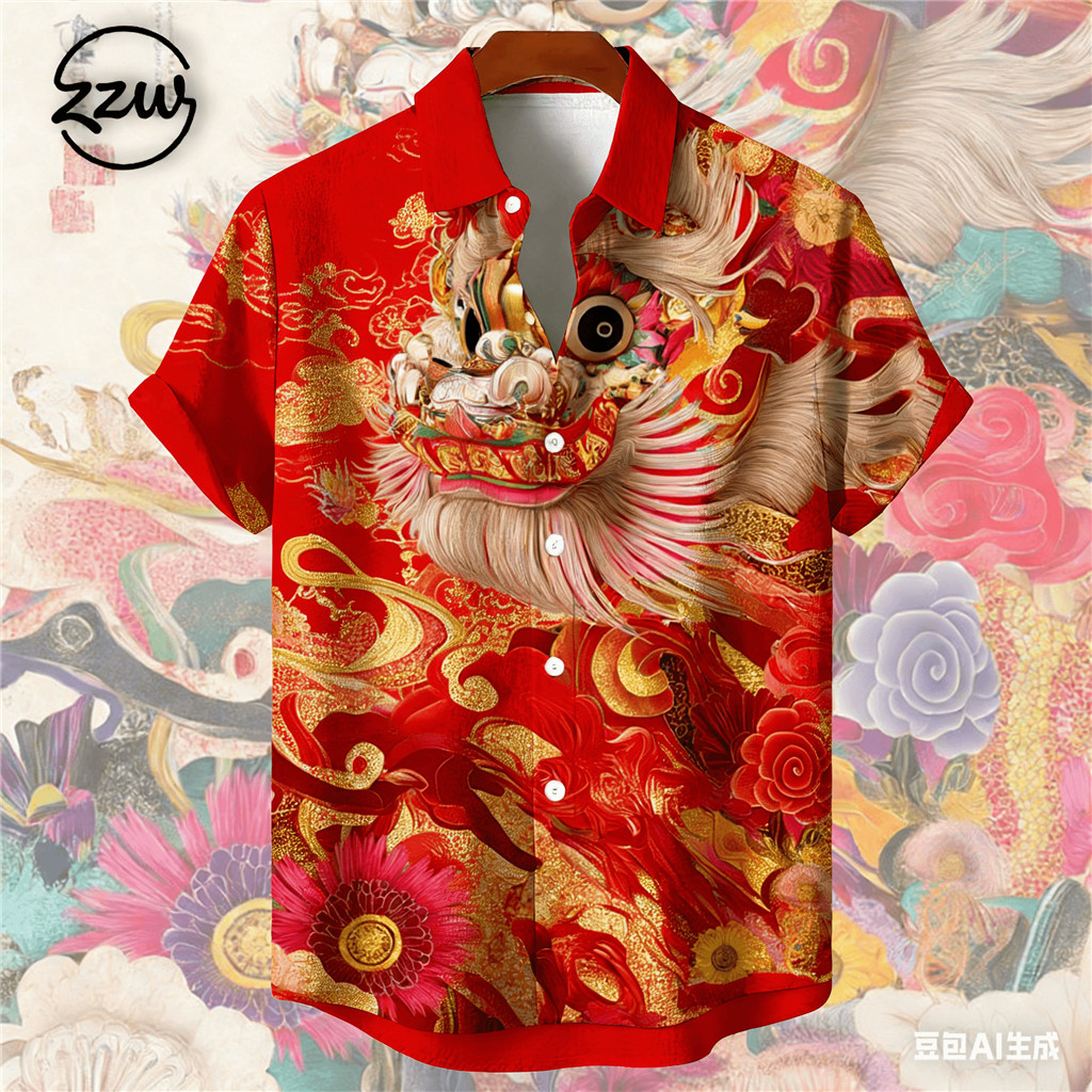 เสื้อคอปกแขนสั้นลายสิงโตเต้นรำปีใหม่จีน 2026 สไตล์วัฒนธรรมไทย สบายในฤดูร้อน (หลายสี)