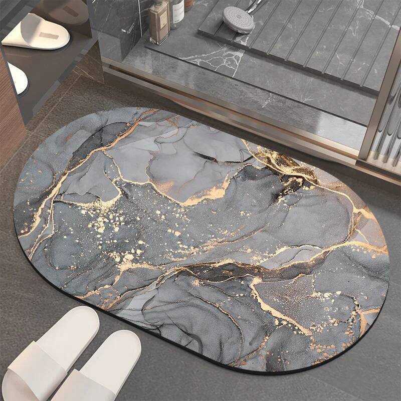 C VIKAMA Marble Patterned Oval Bathroom Mat, Anti Slip And Absorbent Bathroom Carpet, Shower