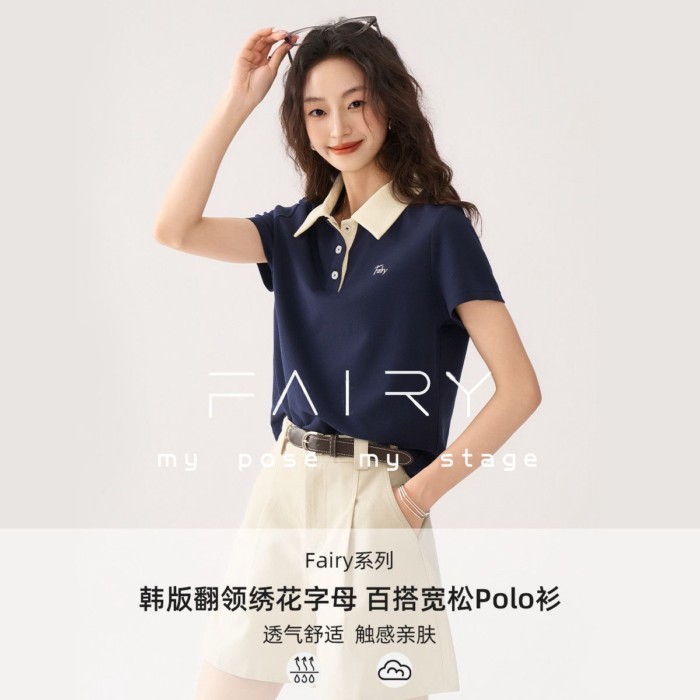 เสื้อยืดโปโลแขนสั้นแบบคลายๆ ลายปักอเนกประสงค์จากซีรีย์ Fairy ของ YiRen