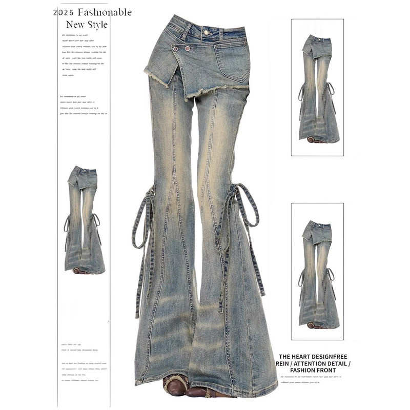 GS.ART กางเกงยีนส์ American Retro Distressed แบบ Lace-Up Horseshoe Micro-Flap ขนาดใหญ่