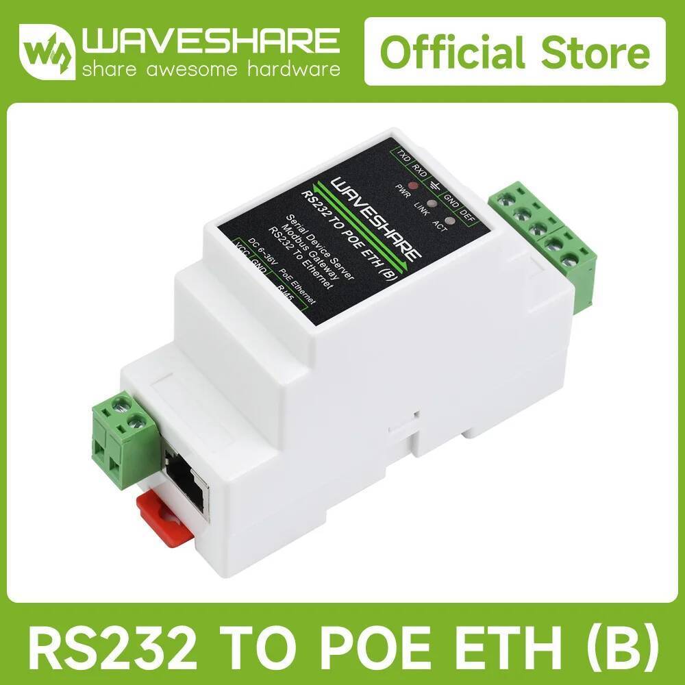 Waveshare RS232 To RJ45 Ethernet TCP/IP To Serial Industrial Serial Server Rail-Mount Support, Modbu