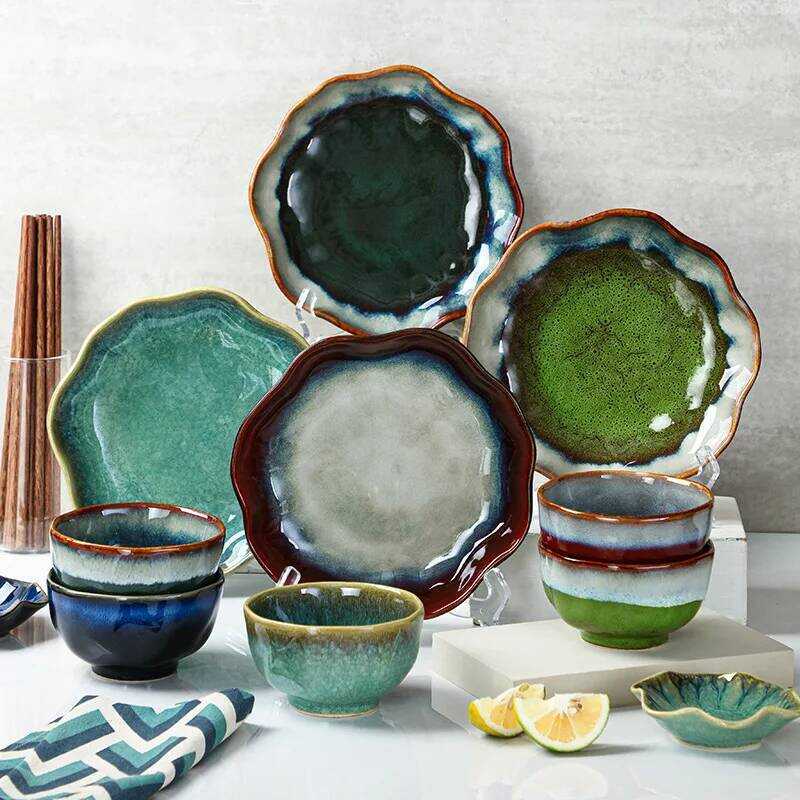 C Japanese Retro Irregular Tableware Home Ceramic Fruit Plate/Bowl/Dish Set Ceramic Plate Tableware