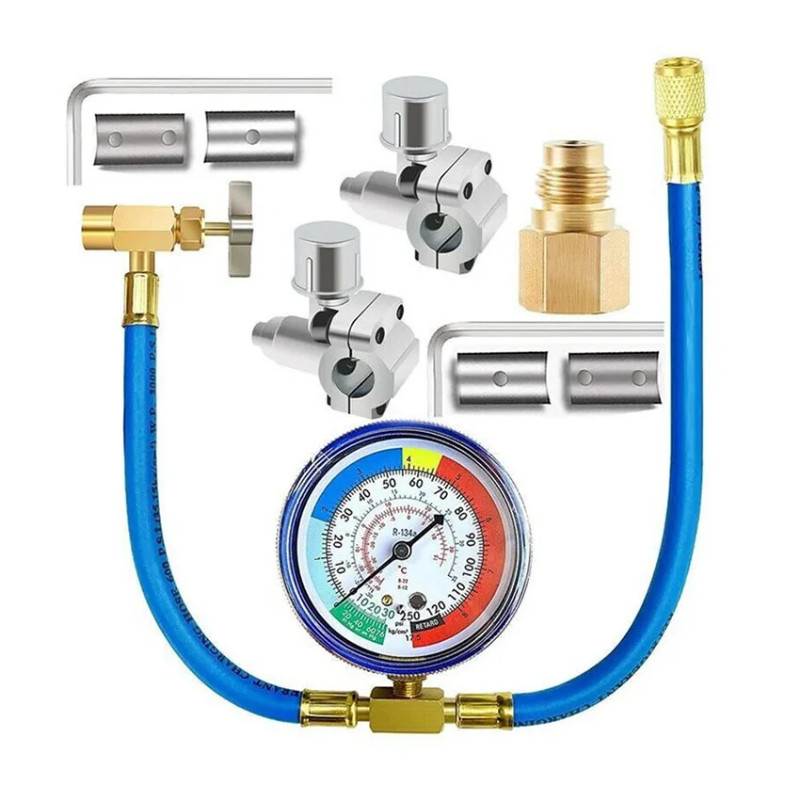 R134A Refrigerator Freon Recharge Hose Kit, R134A AC Refrigerant Charging Hose Gauge, Piercing Valv