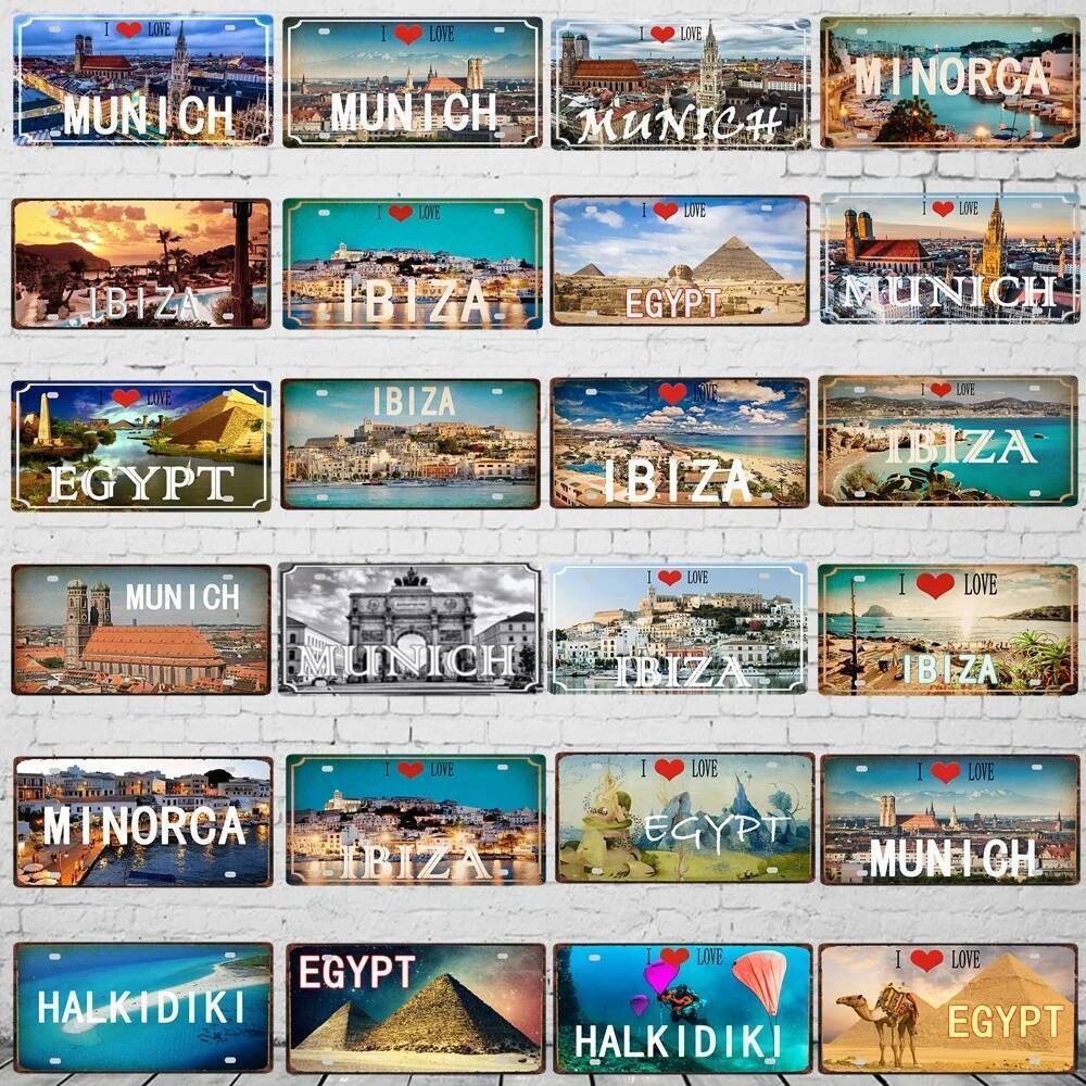 Ibiza อียิปต์ Munich Haikidiki City ป้ายโลหะดีบุกแผ่น Vintage โปสเตอร์สําหรับ Wall Art Shop Club Bar