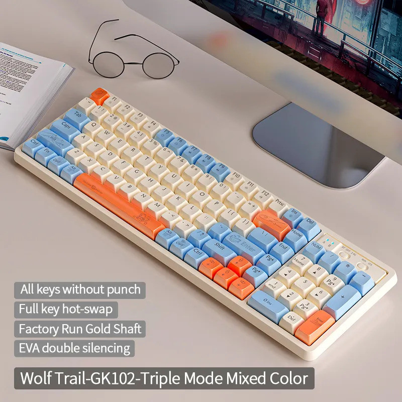 WOLFTRIP GK102 คีย์บอร์ดเชิงกลบลูทูธไร้สายสามโหมดพร้อมขวานหล่อลื่นจากโรงงานสําหรับเล่นเกม แบบถอดเปลี