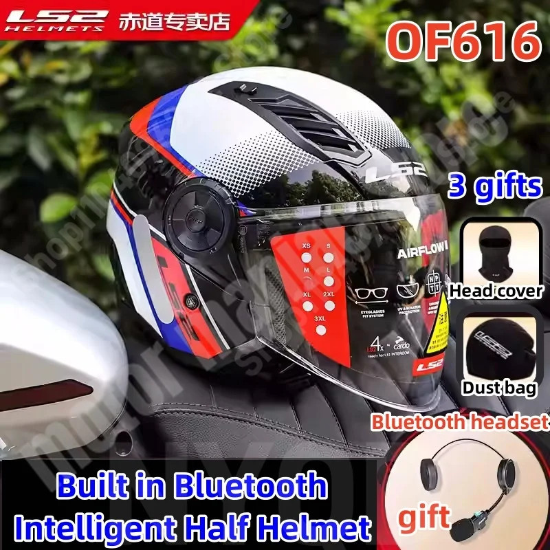 LS2 OF616 Motorcycle Helmet Built in Integrated Bluetooth Smart Half Helmet Professional Off-road R