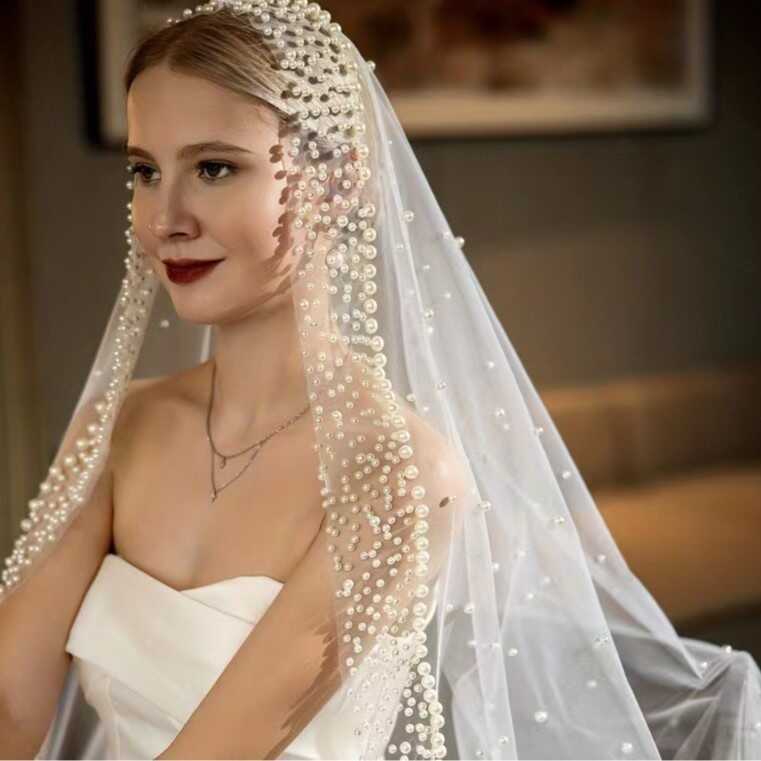 Fairy Beautiful Pearl Veil ยุโรปอเมริกันยาวสั้นผ้าคลุมหน้าเจ้าสาว Pearl Veil Milky White เจ้าสาว Shi