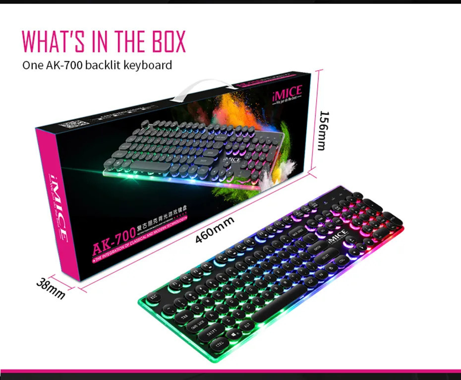 IMICE AK-700 USB Desktop Retro Punk Backlight คีย์บอร์ดระงับกันน้ํา Keycap แคบขอบ ABS Luminous คีย์บ