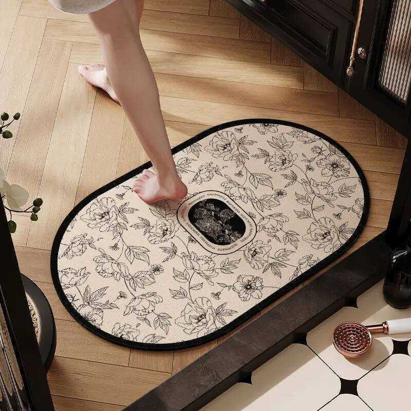 C VIKAMA Vintage Pattern Oval Bathroom Mat Water Absorbent Quick Drying Non Slip Rug For Home Entry