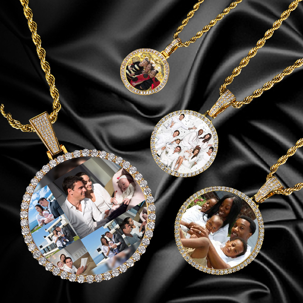 Hip Hop Jewelry Bg CZ Memorial Picture Frames Necklace Personalization Photo Custom 26/35/45/68.5MM